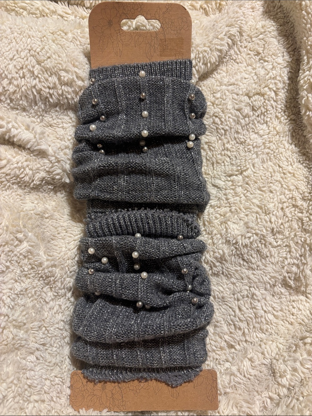 Gray Knit Pearl-Embellished Leg Warmers